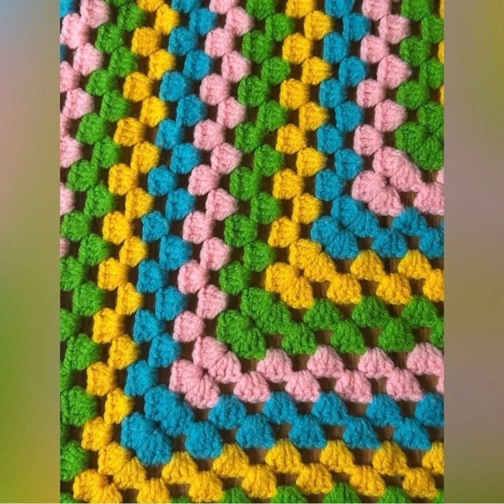 Vintage Crochet Granny Square Afghan Blanket Throw Pastel Colored Quilt